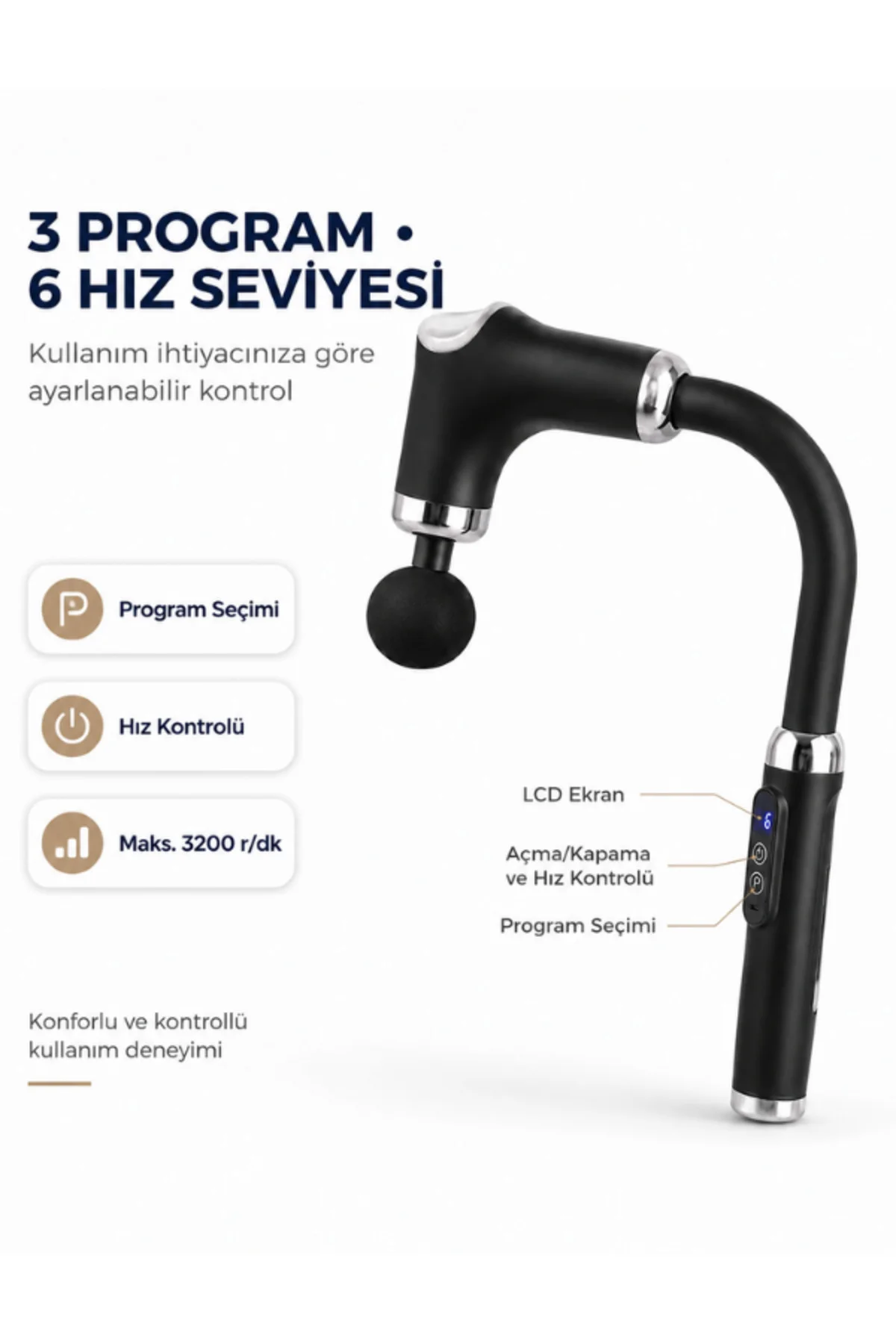 Uzatmalı Masaj Tabancası 120° Kavisli Uzun Saplı 3 Program 6 Hız 4 Başlıklı Type-C Şarjlı Kablosuz Masaj Aleti