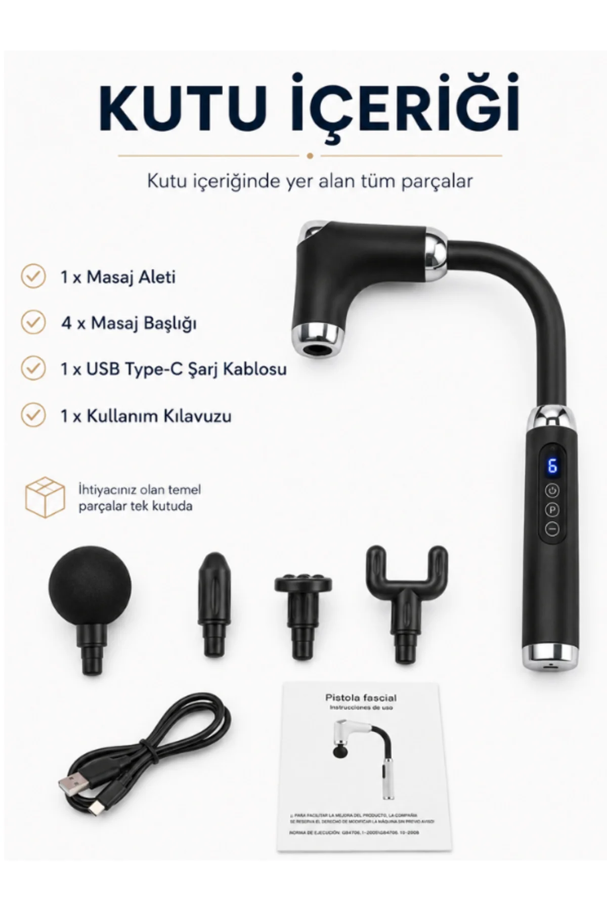 Uzatmalı Masaj Tabancası 120° Kavisli Uzun Saplı 3 Program 6 Hız 4 Başlıklı Type-C Şarjlı Kablosuz Masaj Aleti