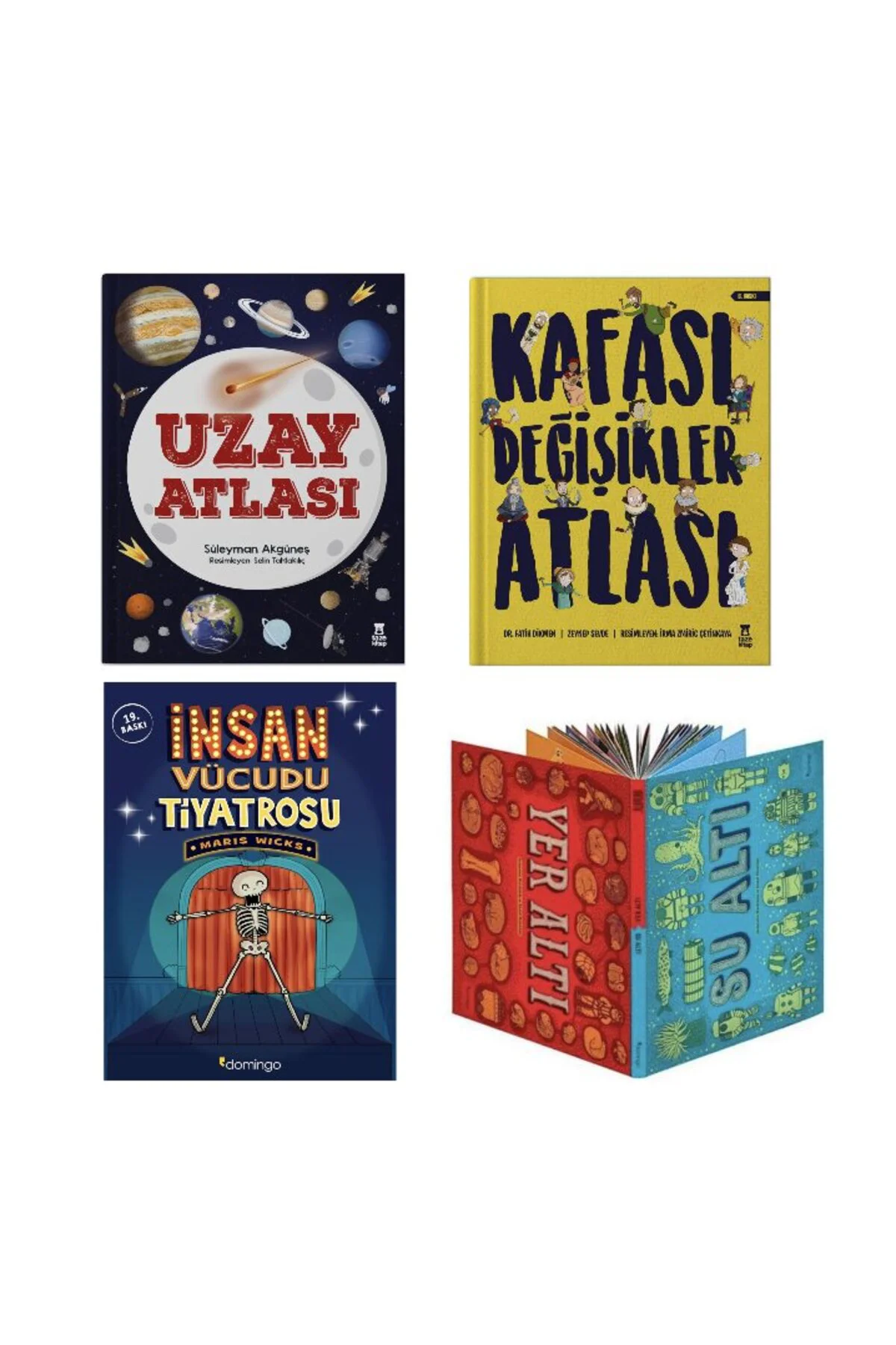 uzay atlasi + kafasi degisikler atlasi + insan vucudu tiatrosu + yeralti sualti =(4 kitap)