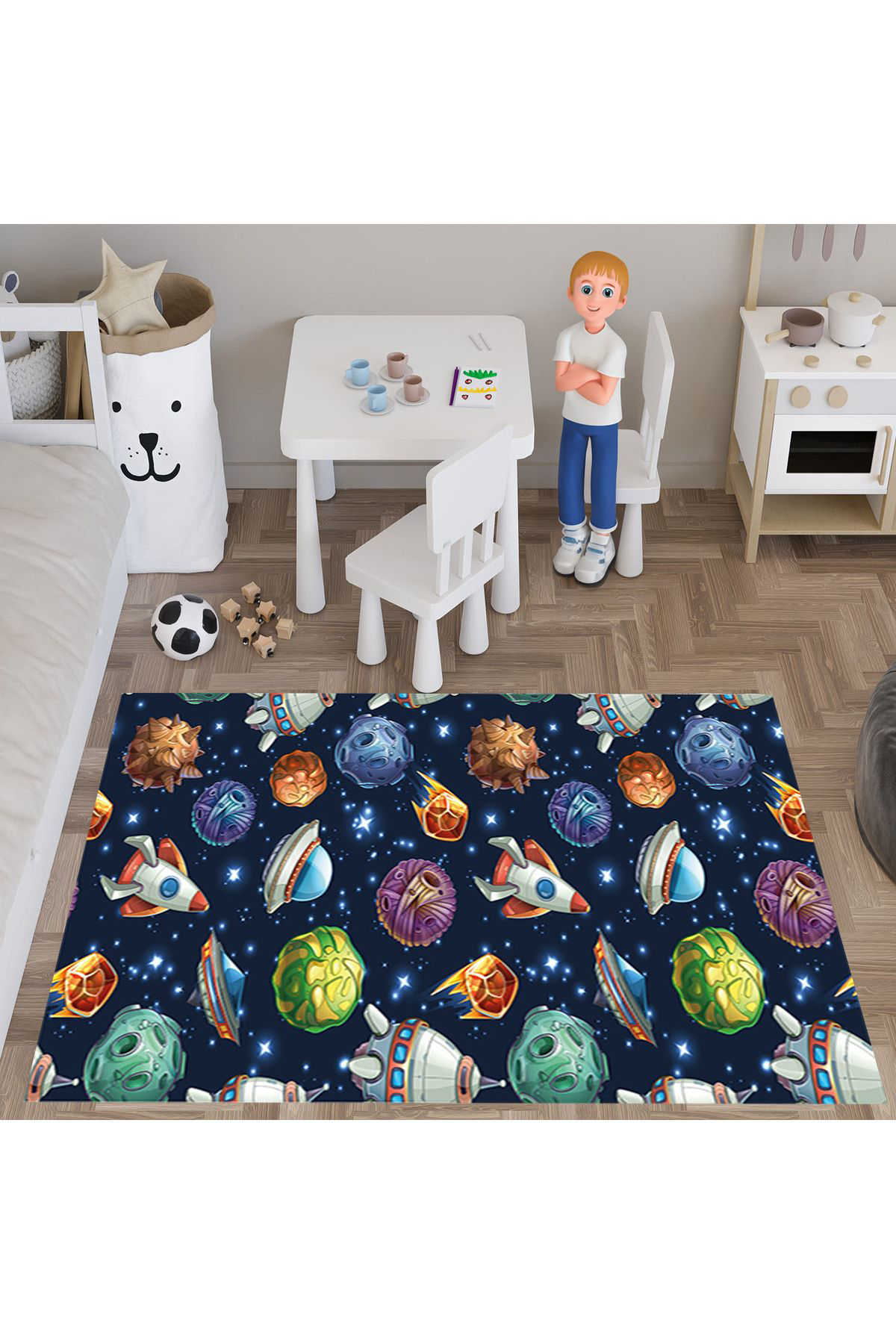 Evan Home Uzay Gemisi Desenli  Dijital Baski Yikanabilir Kaymaz Taban Çocuk Odasi Halisi