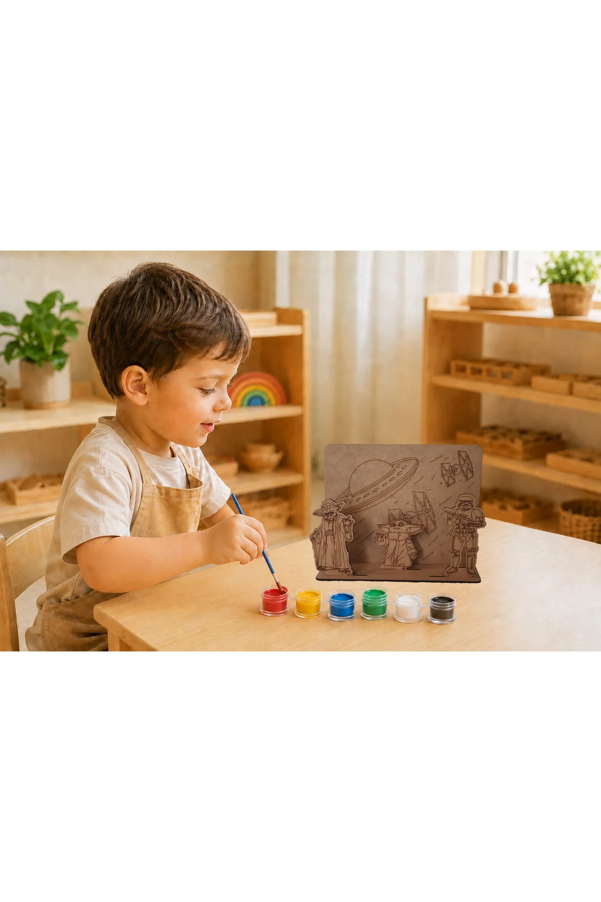 Uzay Savaşçıları Temalı Ahşap Boyama Seti – 3D Geçmeli MDF Dekor, 6 Renk Boya ve Fırça Dahil