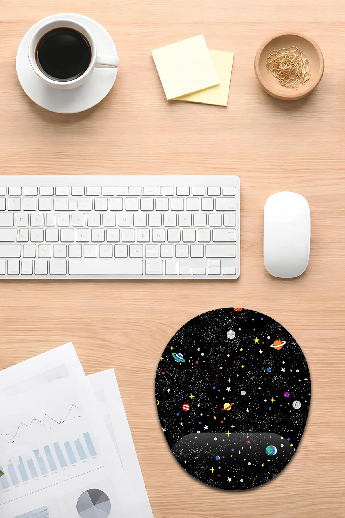 Uzay ve Gezegen Desenli Bilek Destekli Mouse Pad Ergonomik Kaymaz