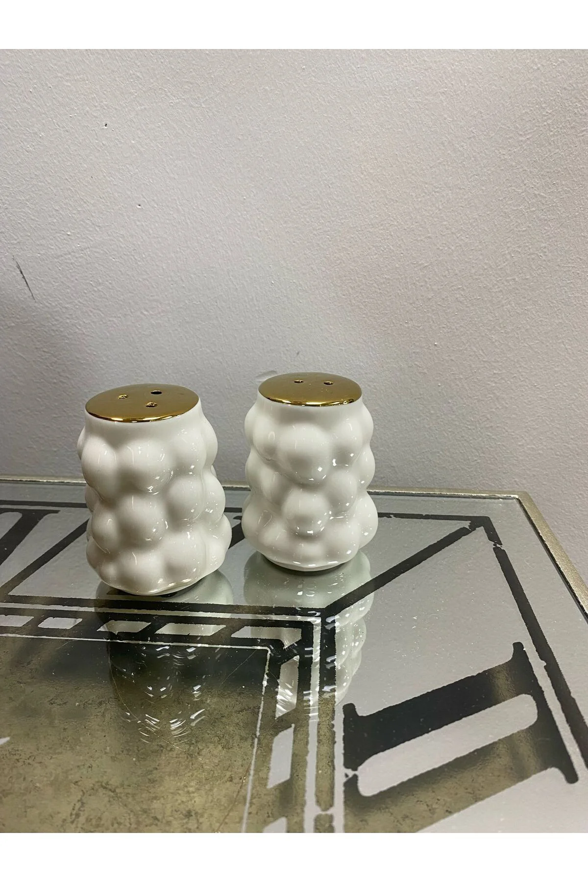 Üzüm Kabartma Desen Gold Detaylı 2li Tuzluk