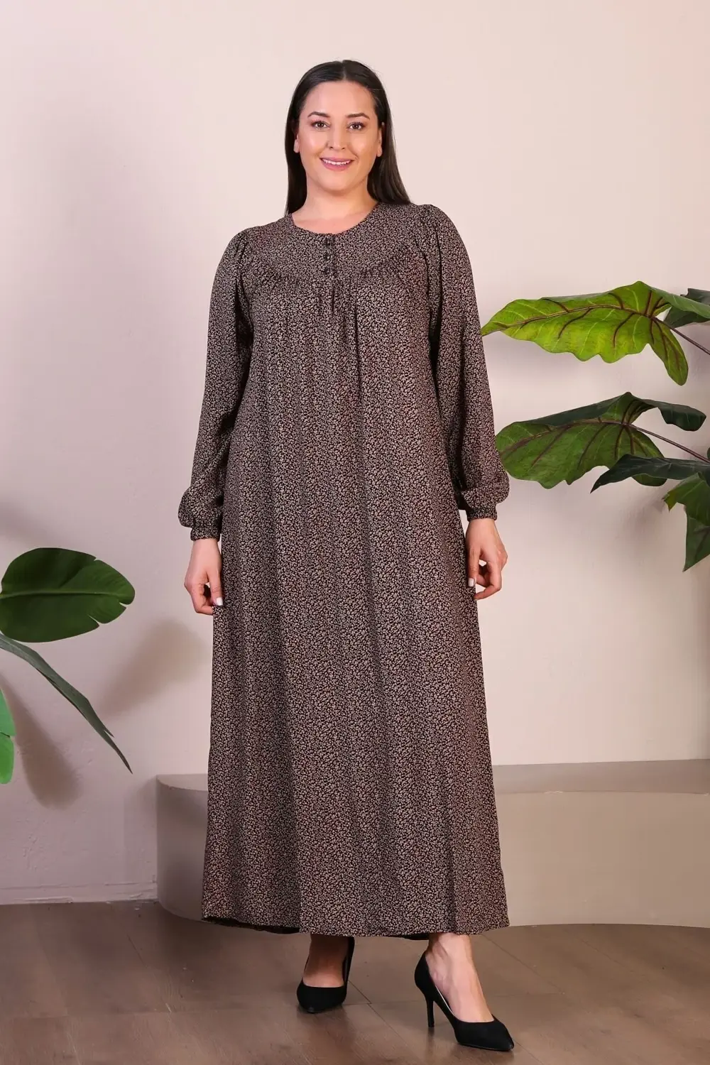 Uzun Anne Giyim Buyuk Beden Kadin Tesettur Elbise Kahverengi