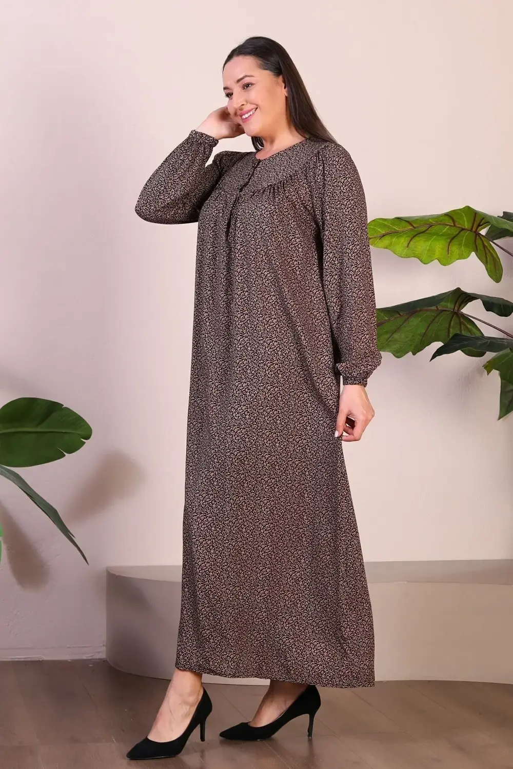 Uzun Anne Giyim Buyuk Beden Kadin Tesettur Elbise Kahverengi