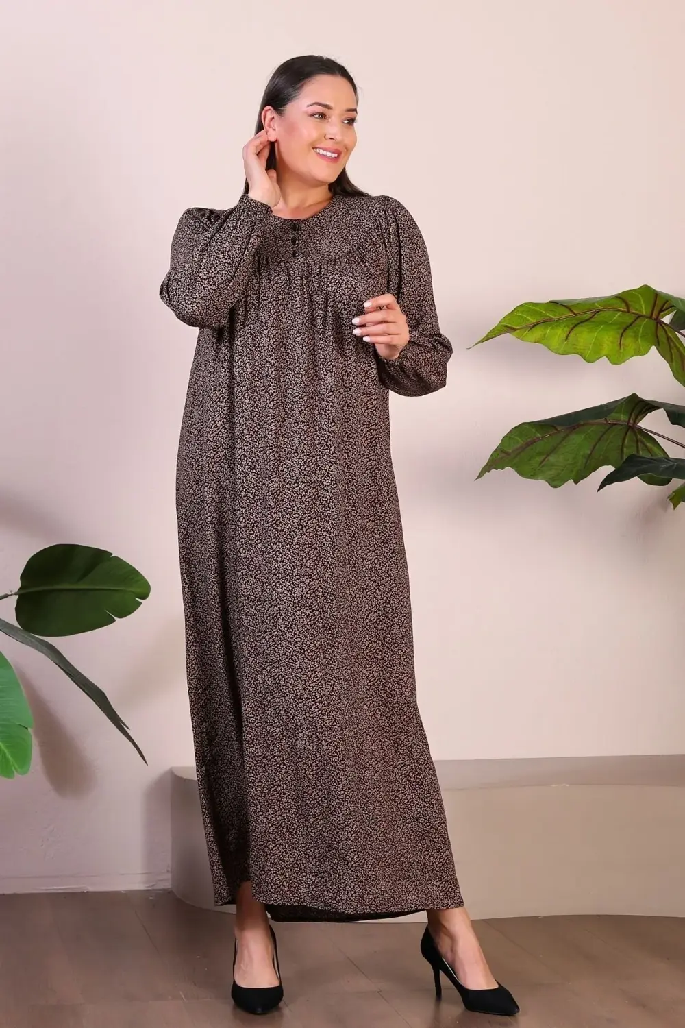 Uzun Anne Giyim Buyuk Beden Kadin Tesettur Elbise Kahverengi