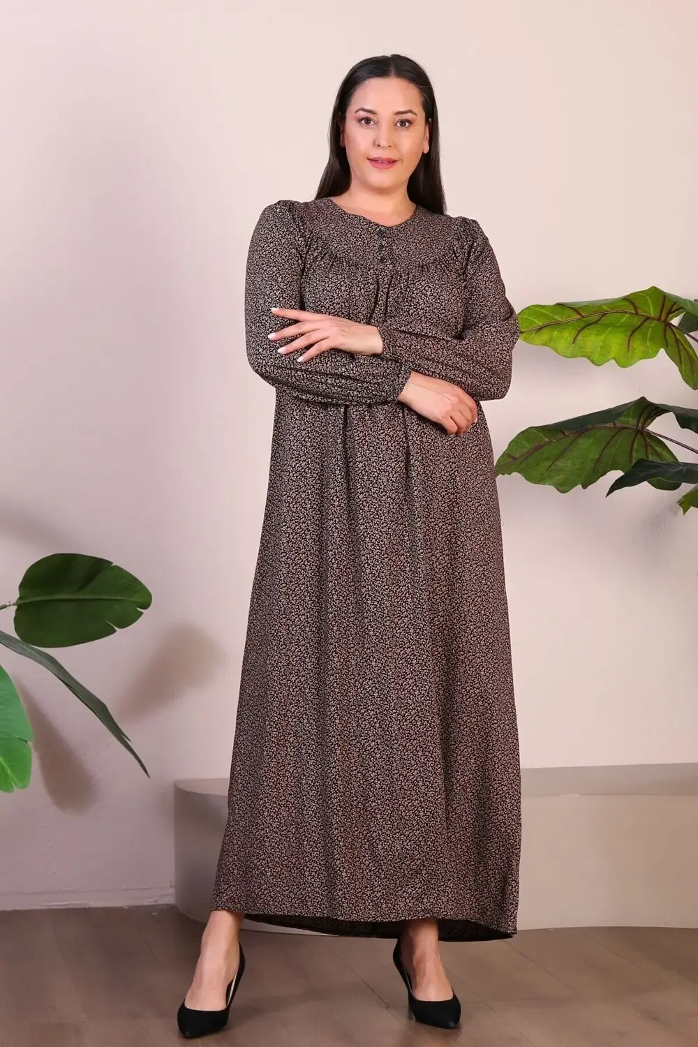 Uzun Anne Giyim Buyuk Beden Kadin Tesettur Elbise Kahverengi