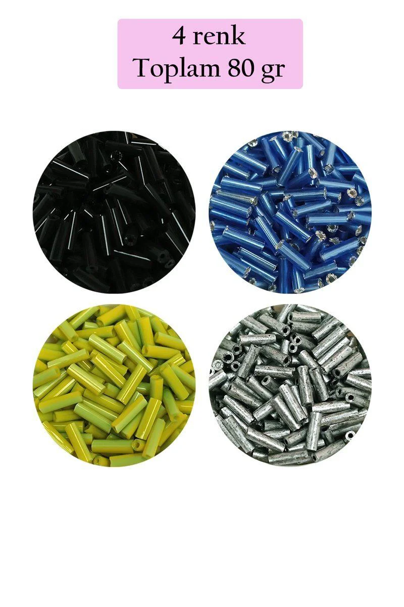 Uzun Boru Kesme Boncuk 2mm x 10mm - 4 Renk 80g - Siyah Mavi Yeşil Gümüş BNC430