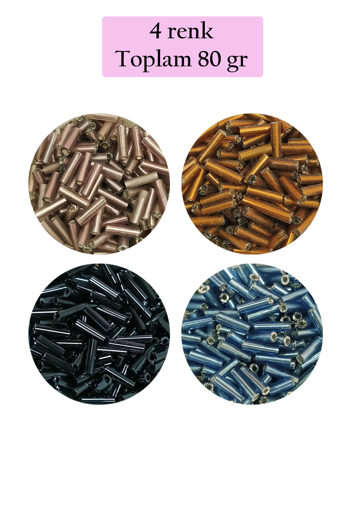 Just Cheap Store Uzun Boru Kesme Boncuk Çap 2Mm Uzunluk 10 Mm - 4 Renk - Toplam 80