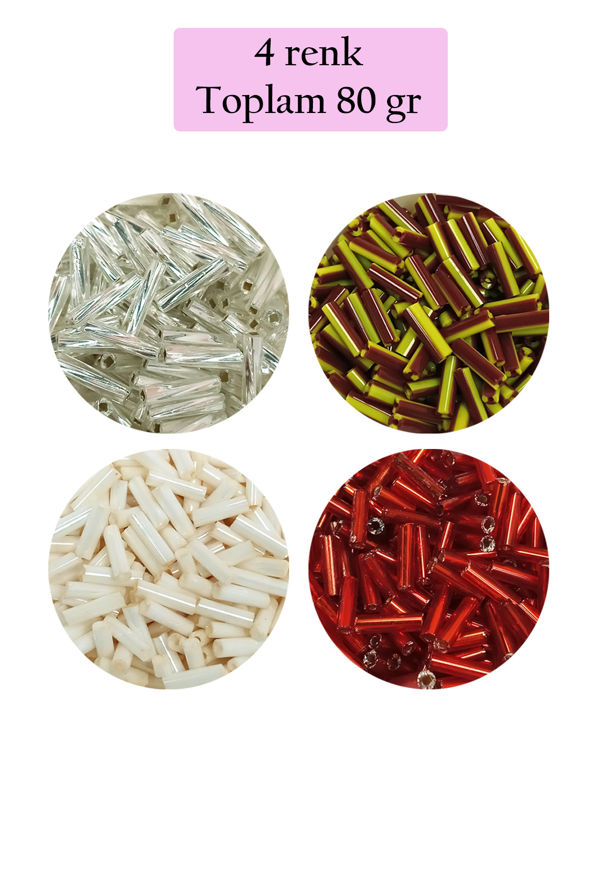 Just Cheap Store Uzun Boru Kesme Boncuk Çap 2Mm Uzunluk 10 Mm - 4 Renk - Toplam 80