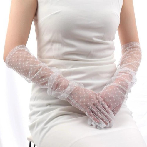 Uzun Boy Beyaz Puantiyeli Beyaz Renk Yetişkin Tül Eldiven