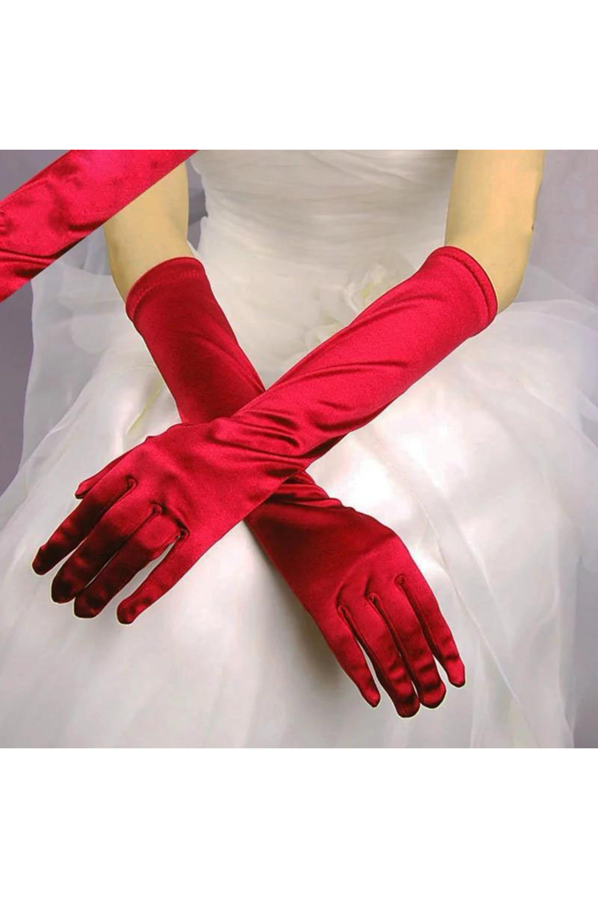 	 Antenato Uzun Boy Ekstra Parlak Saten Eldiven Kırmızı Renk