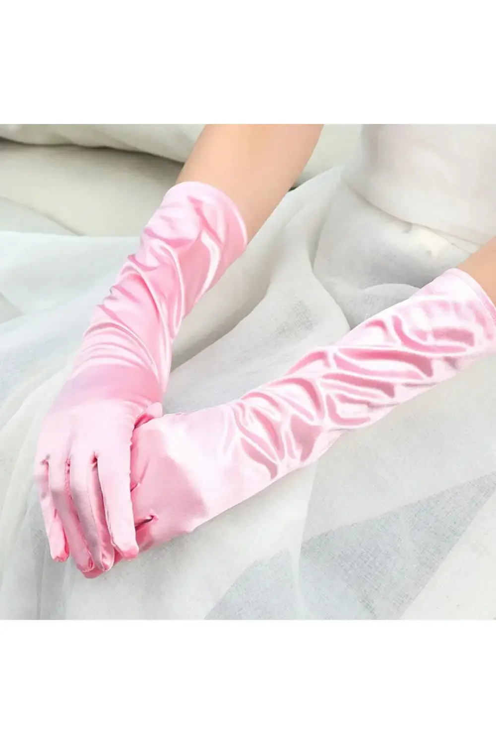 Uzun Boy Ekstra Parlak Saten Eldiven Pembe Renk GO506089Gosa4491