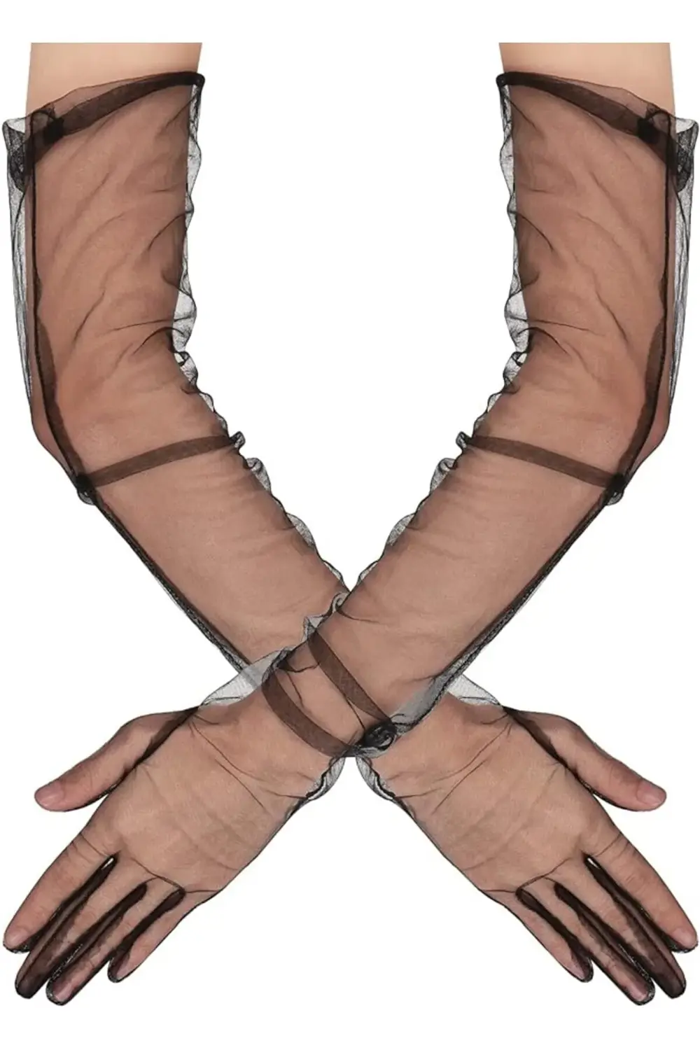 Uzun Boy Likralı Siyah Renk Yetişkin Mega Tül Eldiven 53 cm GO506