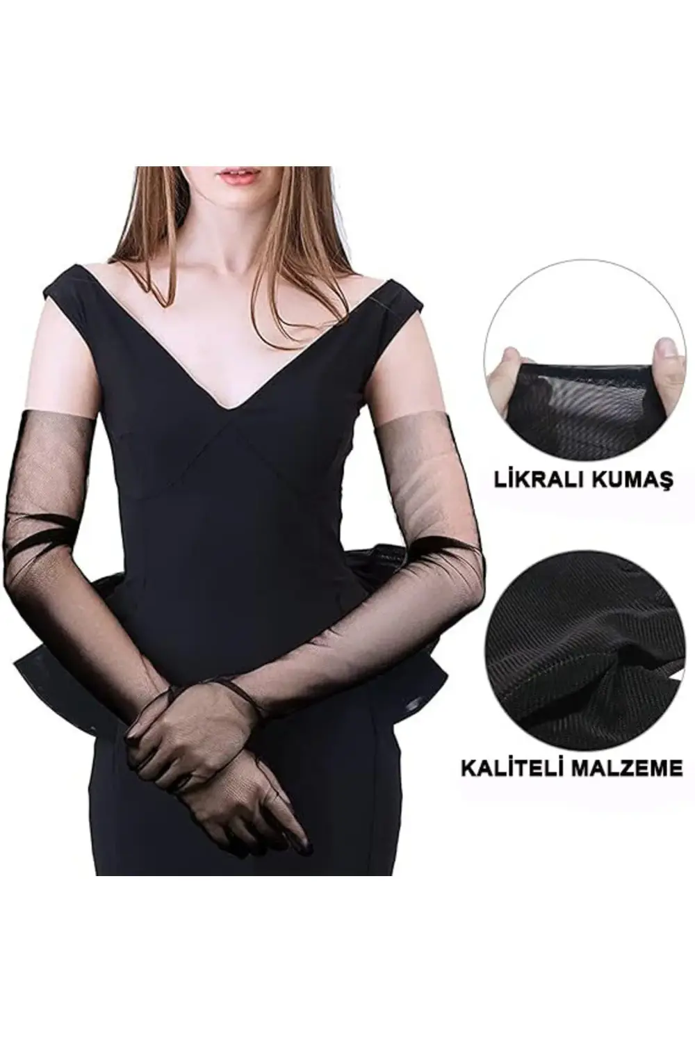 Uzun Boy Likralı Siyah Renk Yetişkin Mega Tül Eldiven 53 cm GO506