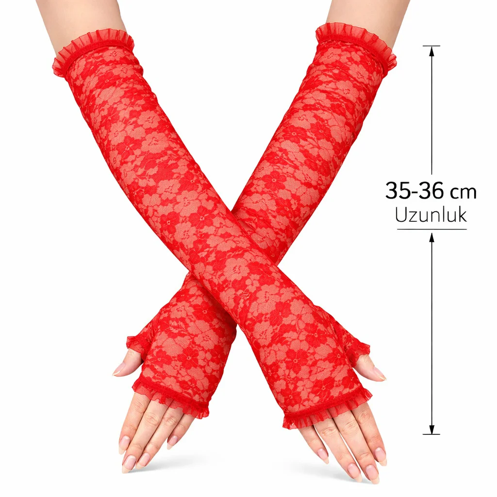 Uzun Dantel Eldiven - Parmaksız Kırmızı 35 cm Zarif Aksesuar