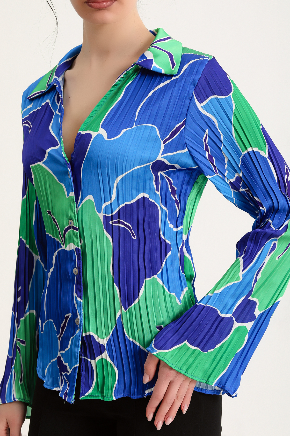 Dreamlike Uzun Geniş Kol Pliseli Kumaş Rahat Kalıp Düğmeli Baskılı Şık Göml