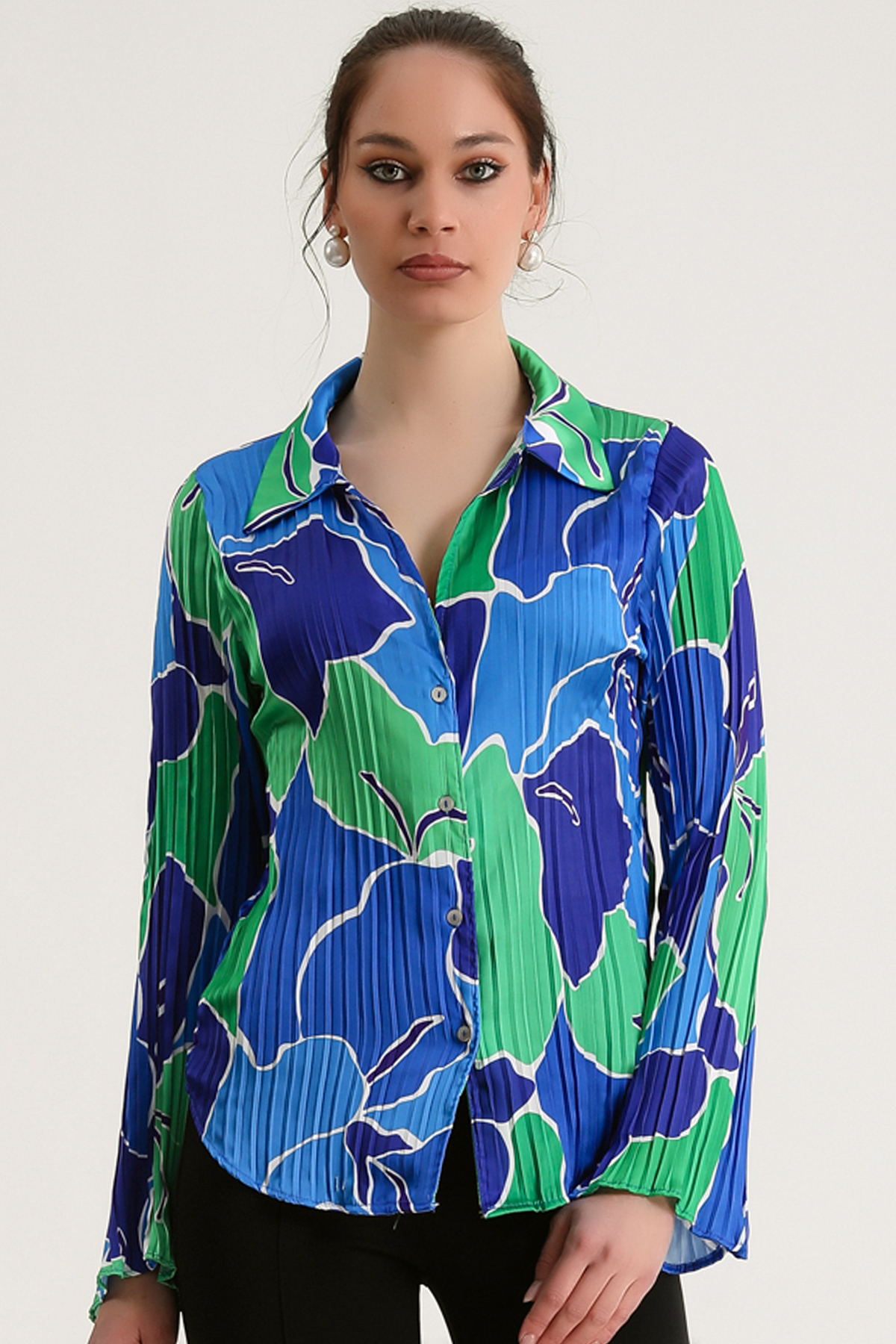 Dreamlike Uzun Geniş Kol Pliseli Kumaş Rahat Kalıp Düğmeli Baskılı Şık Göml