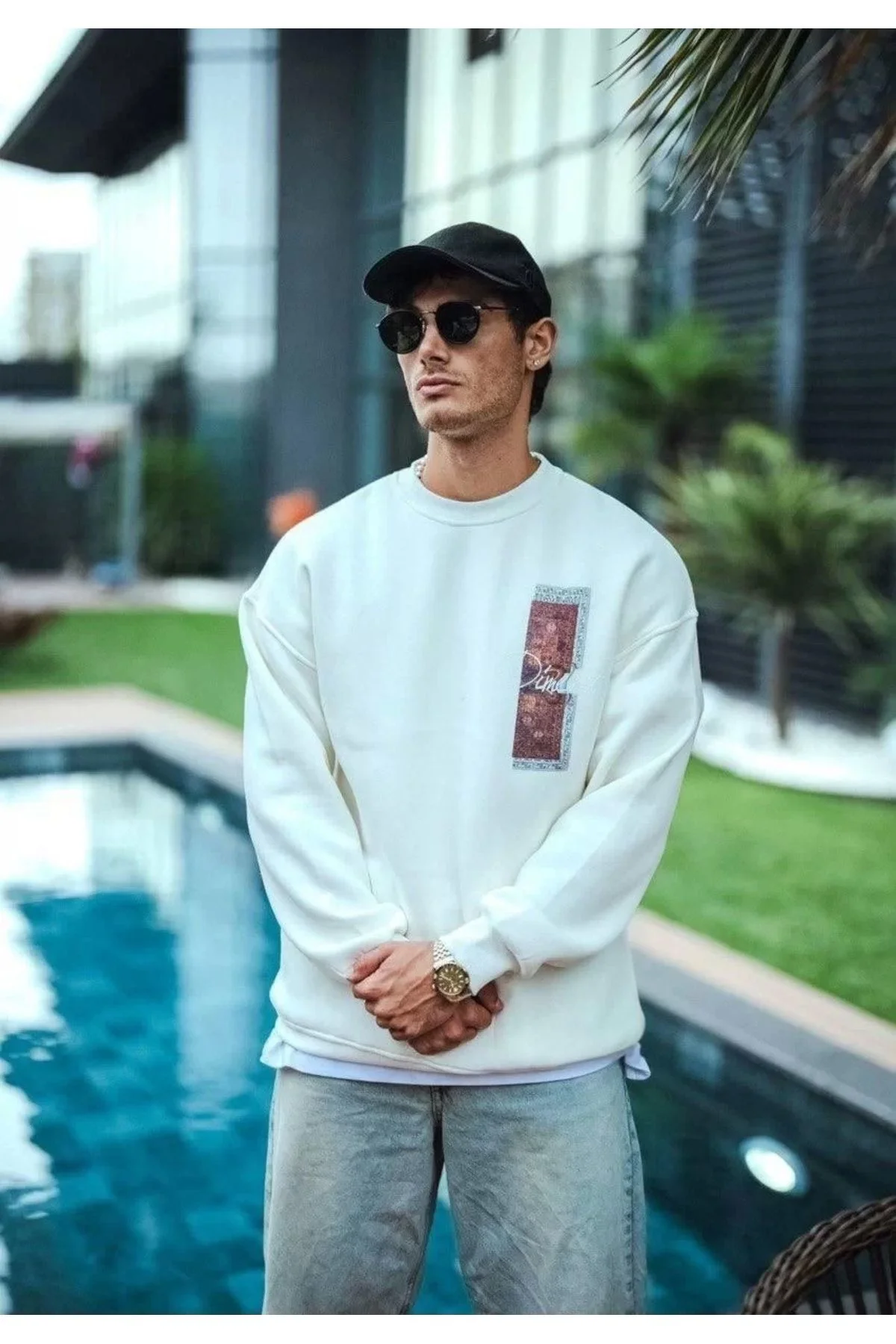 Uzun Kol Bisiklet Yaka Ön ve Arka Baskılı SweatShirt - Beyaz