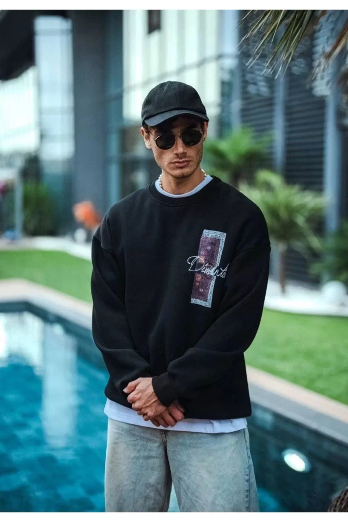 Uzun Kol Bisiklet Yaka Ön ve Arka Baskılı SweatShirt - Siyah