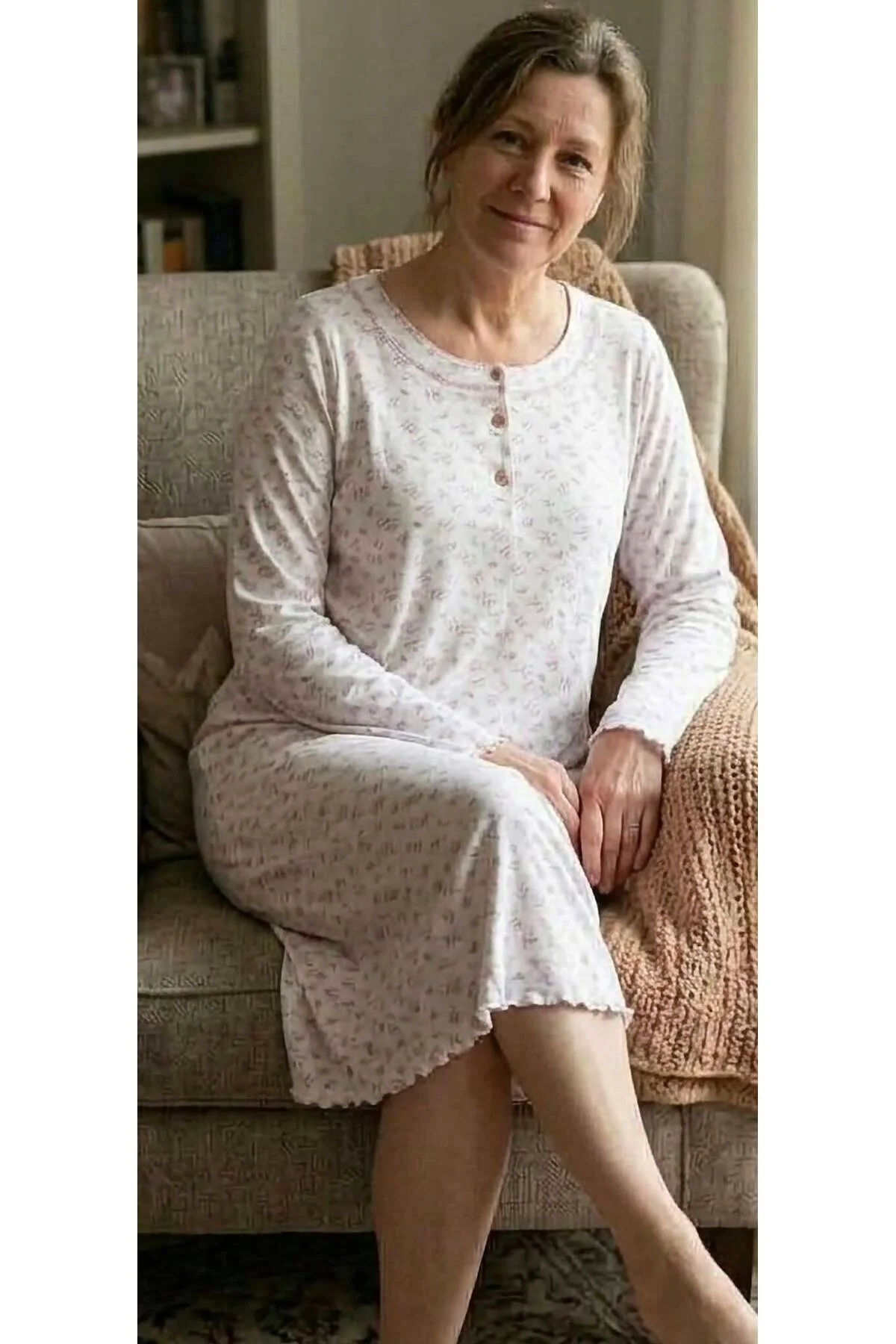 Uzun Kol Çiçekli Anne Gecelik EKRU - Görsel 2