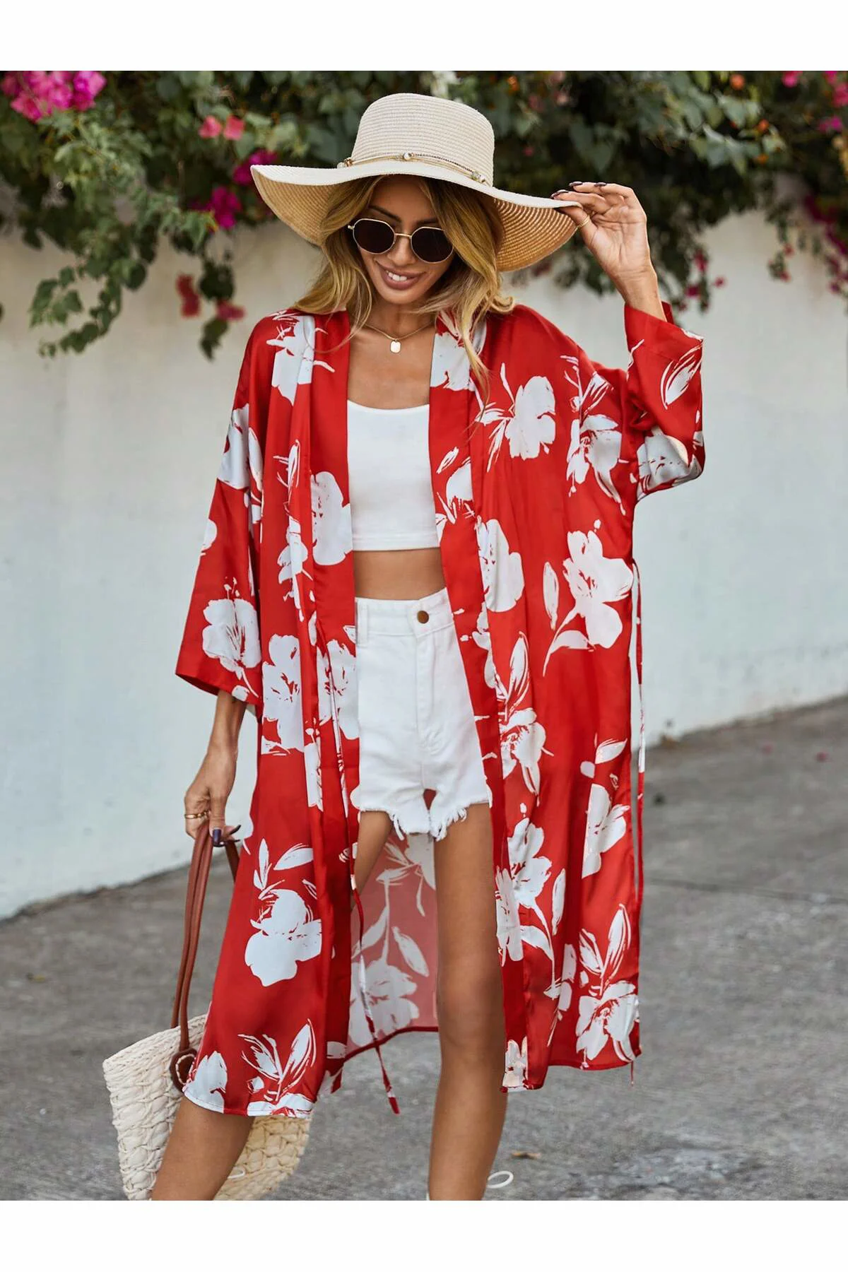 Uzun Kol Desenli Belden Bağlamalı Rahat Kalıp Uzun Saten Kimono