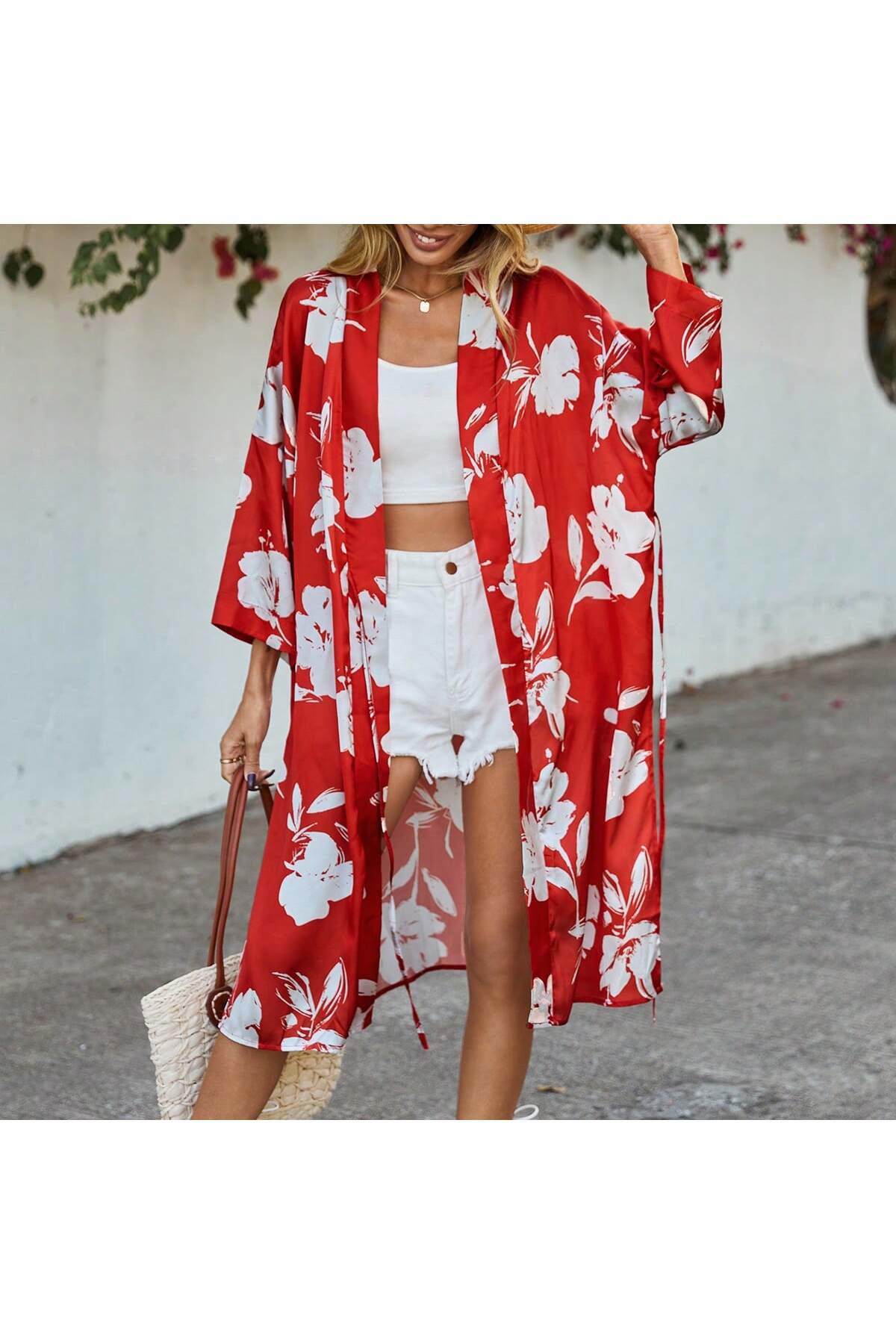 Dreamlike Uzun Kol Desenli Belden Bağlamali Rahat Kalip Uzun Saten Kimono
