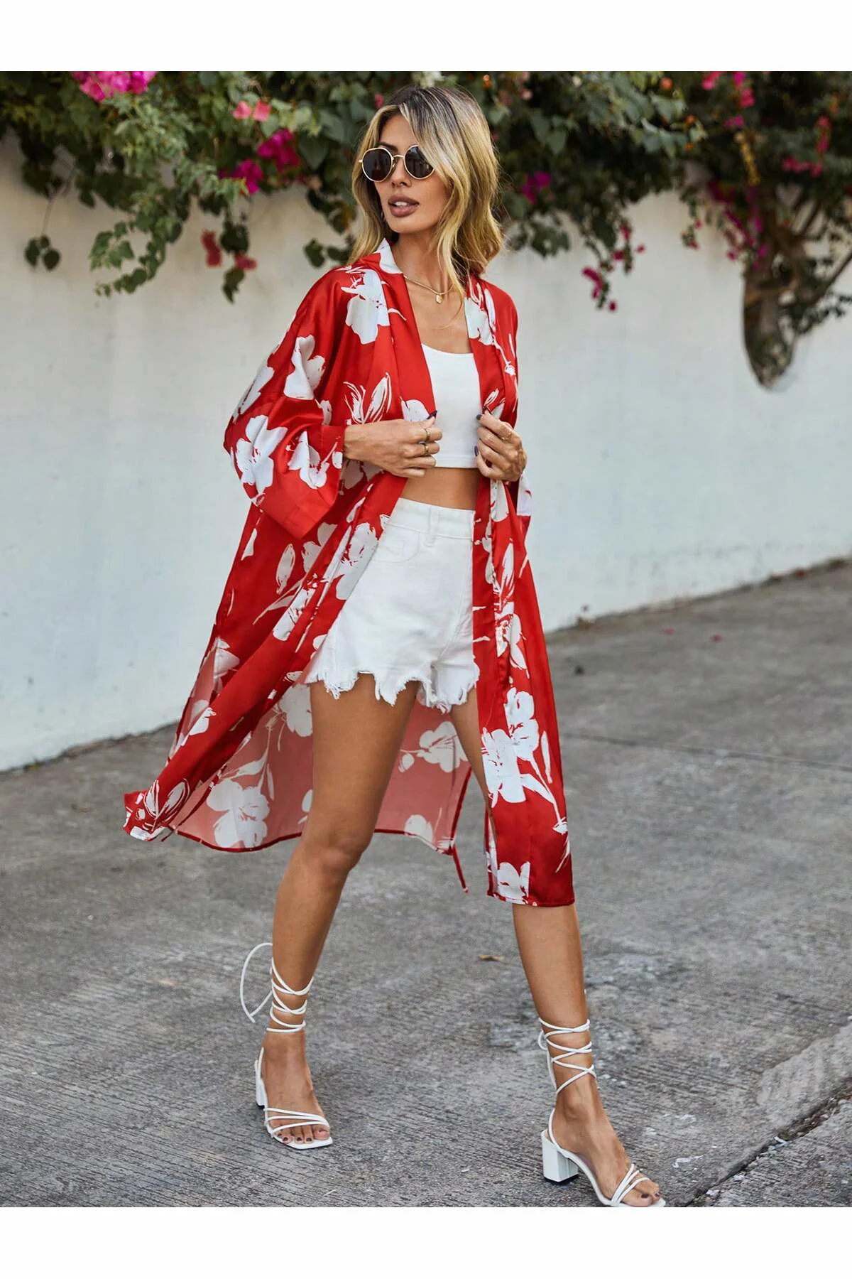 Uzun Kol Desenli Belden Bağlamalı Rahat Kalıp Uzun Saten Kimono