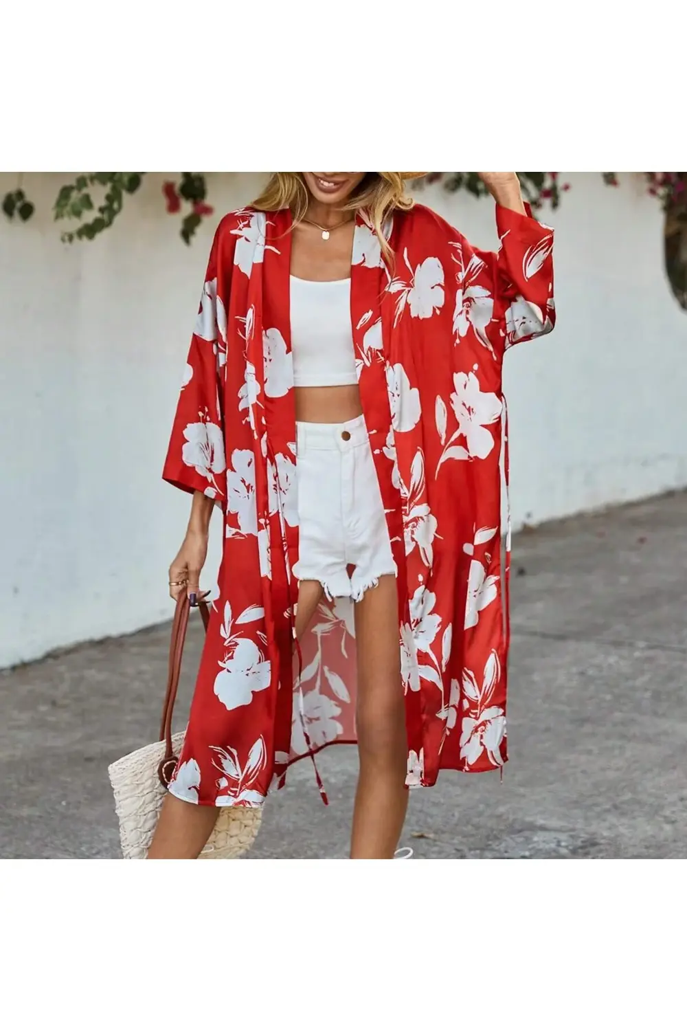 Uzun Kol Desenli Belden Bağlamalı Rahat Kalıp Uzun Saten Kimono