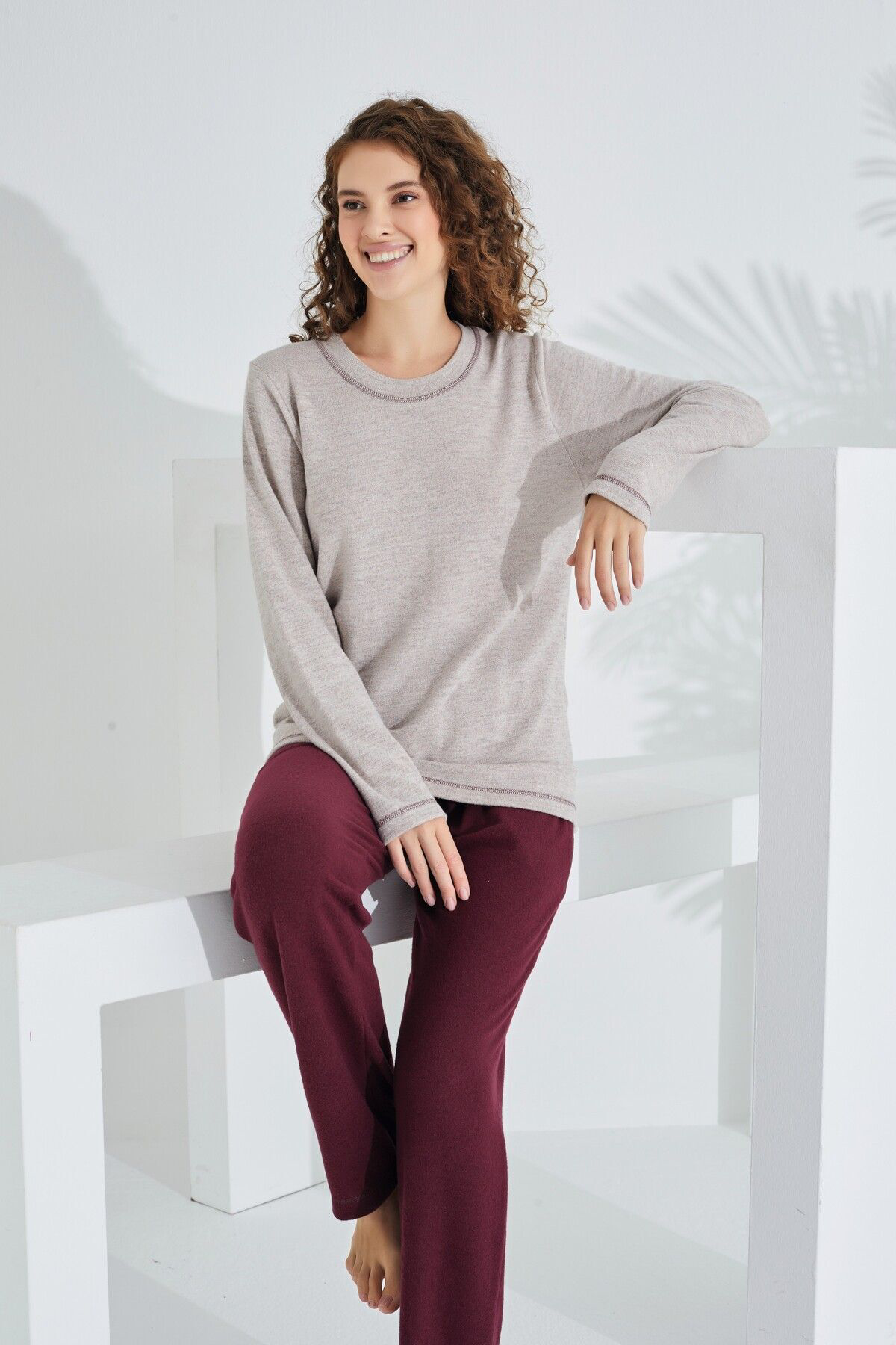 Zen Uzun Kol Deve Tüyü Pamuklu Kadın Pijama Takımı