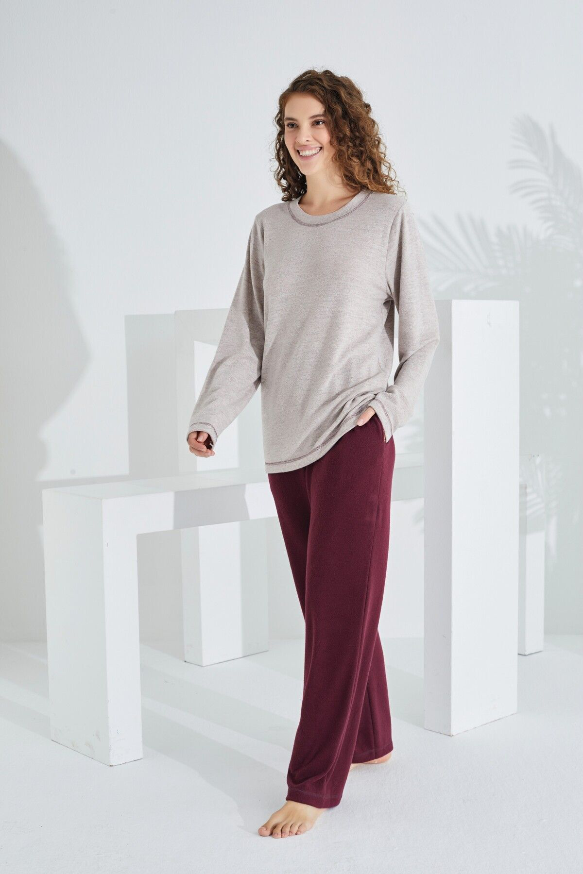 Zen Uzun Kol Deve Tüyü Pamuklu Kadın Pijama Takımı