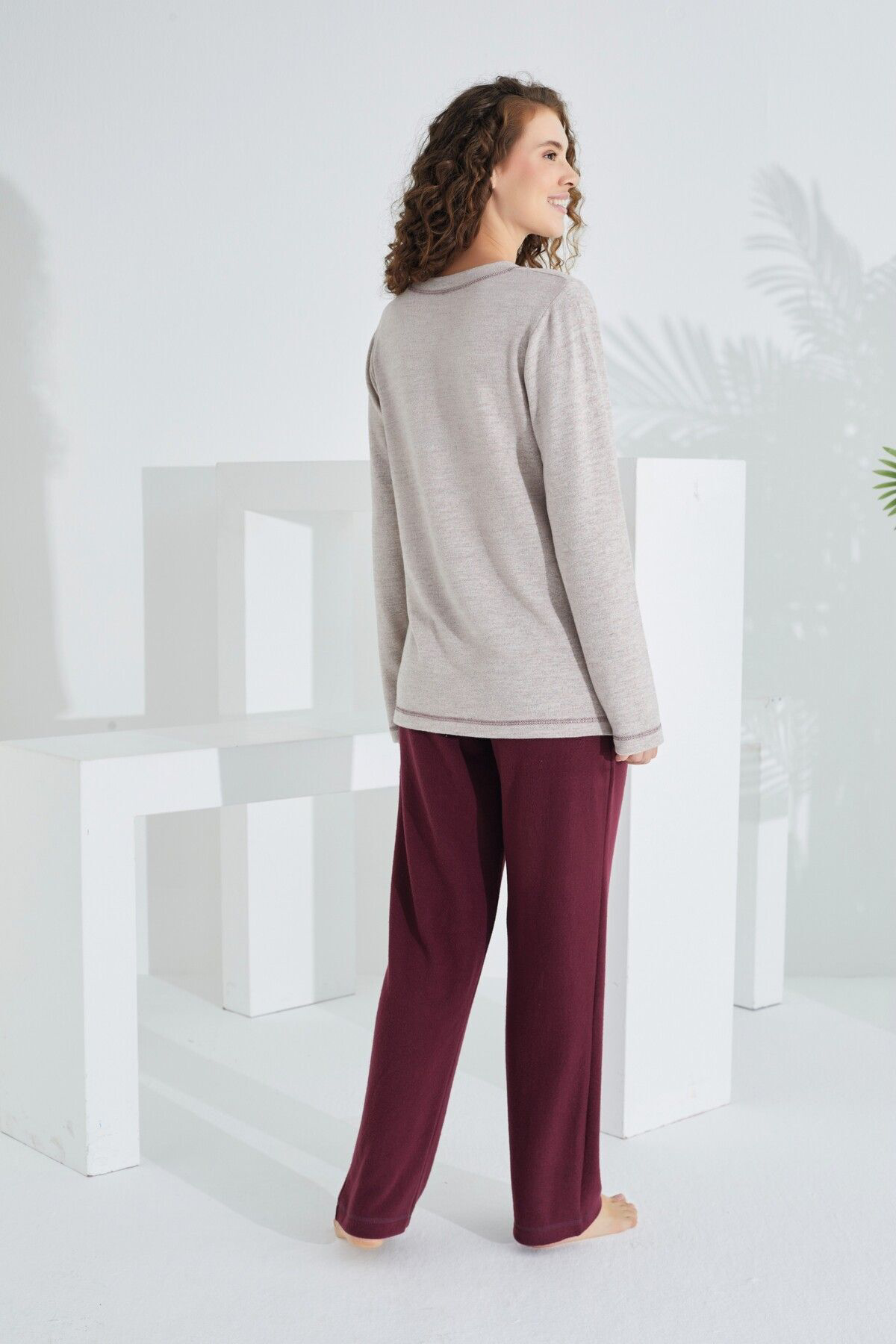 Zen Uzun Kol Deve Tüyü Pamuklu Kadın Pijama Takımı