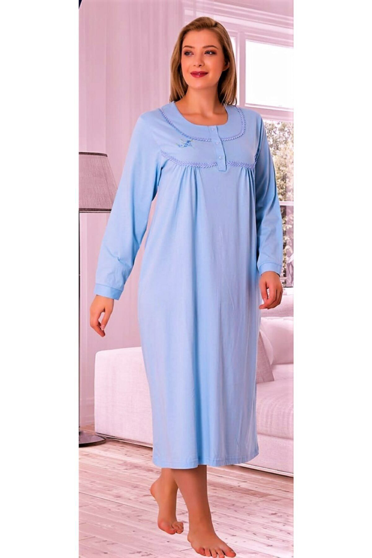 Özalper Uzun Kol Gecelik Anne Geceliği Mavi