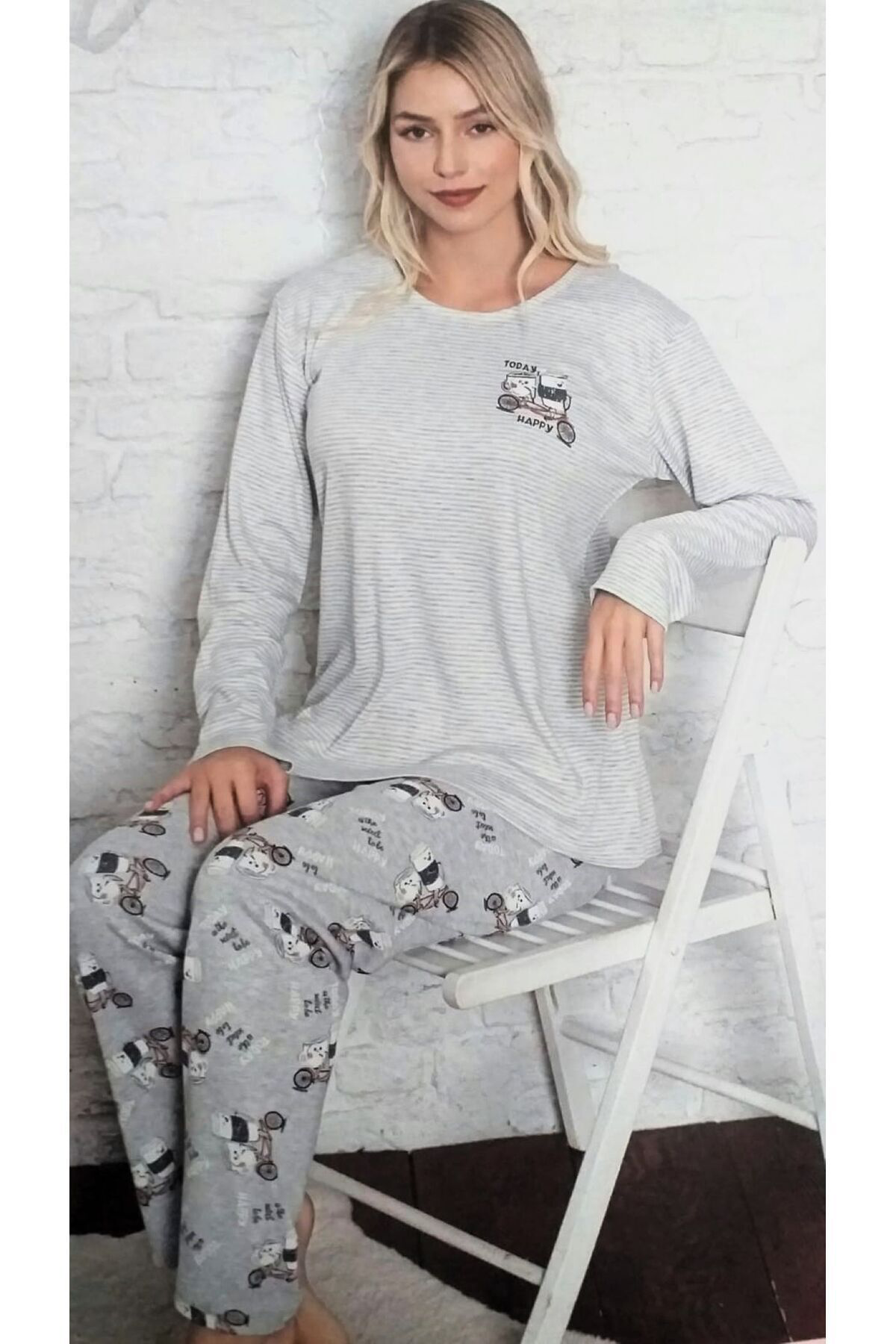 Miss Melina Uzun Kol Kadın Pijama Takımı Pamuklu Gri