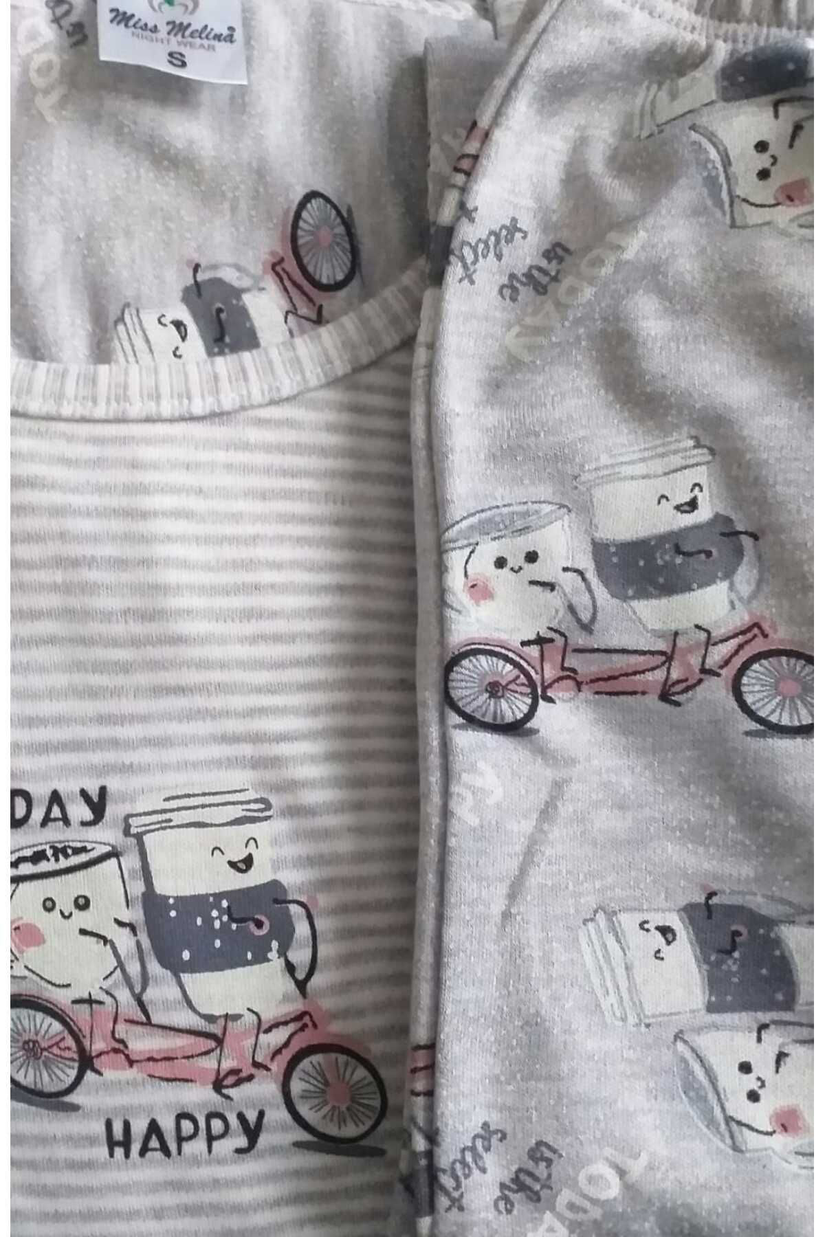 Miss Melina Uzun Kol Kadın Pijama Takımı Pamuklu Gri