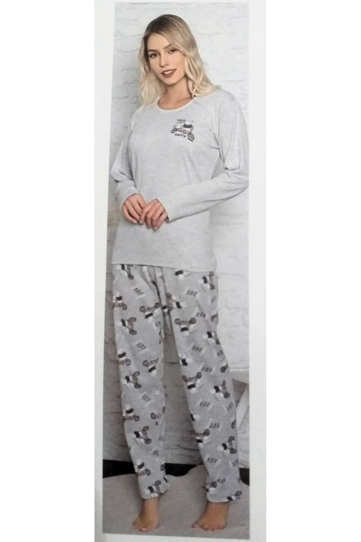 Miss Melina Uzun Kol Kadın Pijama Takımı Pamuklu Gri