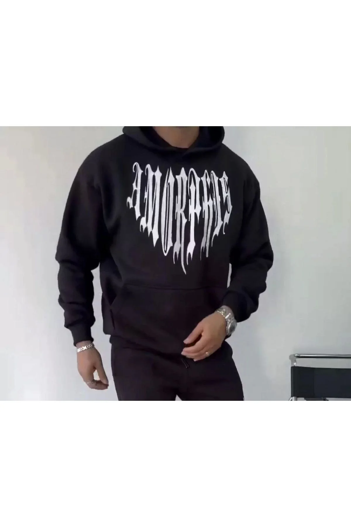 Uzun Kol Kapşonlu Baskılı SweatShirt - Siyah
