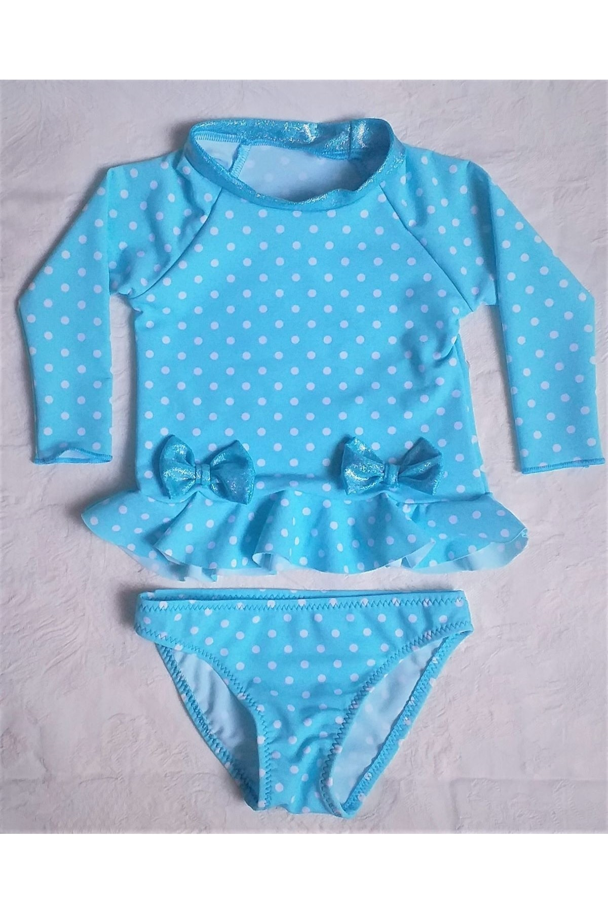 Sunsurf Uzun Kol Kiz Bebek Mayosu/Tankini Puantiye Mavi