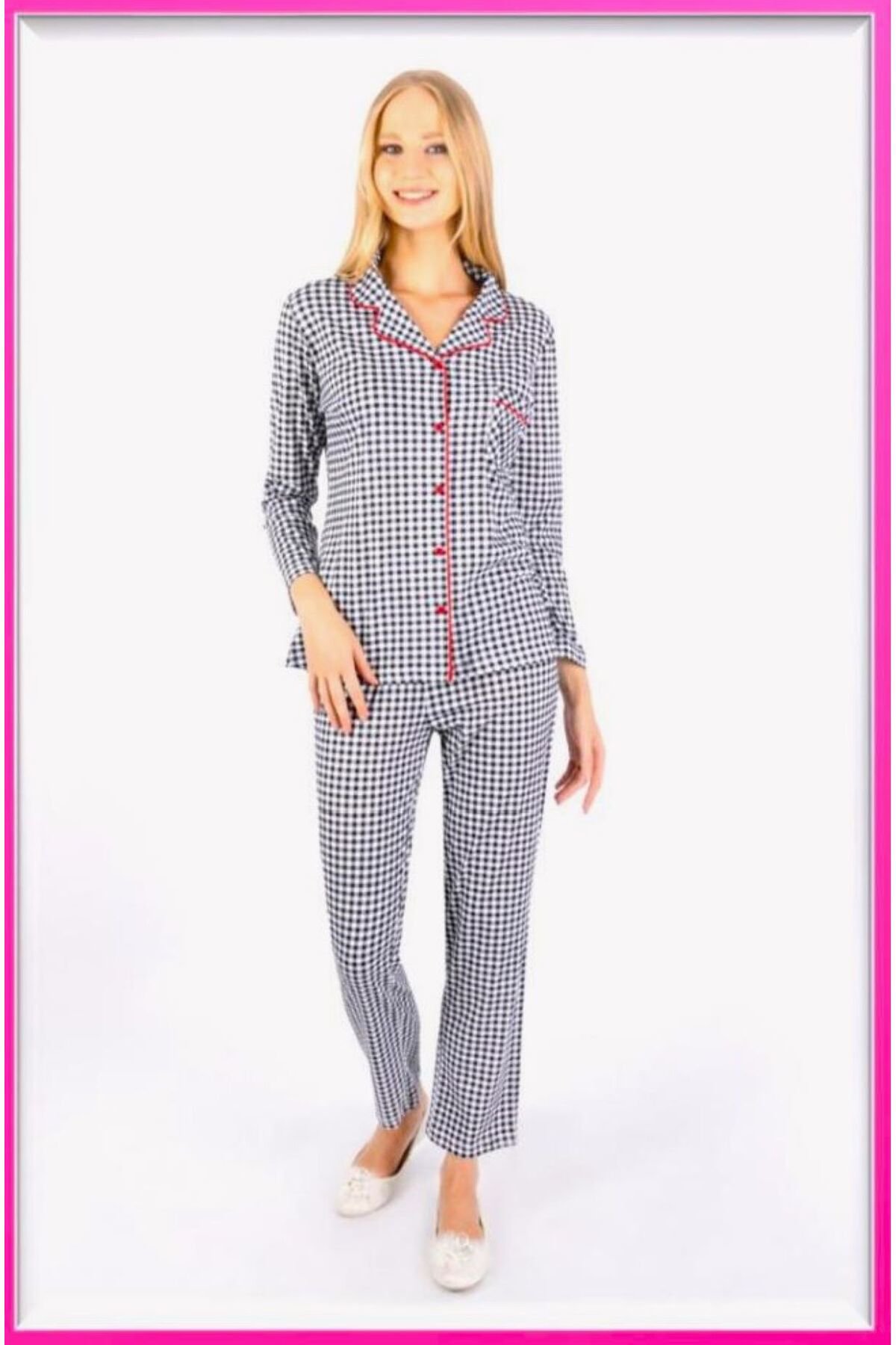 Marilyn Uzun Kol Önden Düğmeli Kadın Pijama Takımı Pötikareli