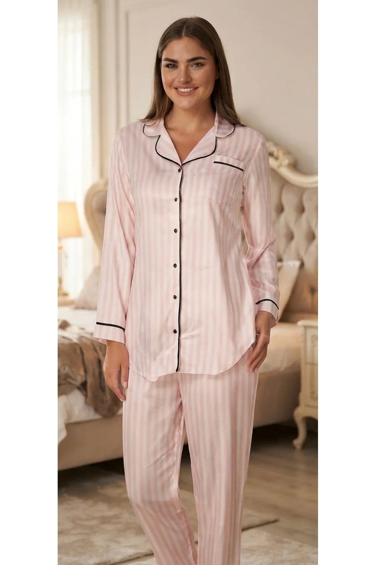Uzun Kol Pamuk Saten Kadın Pijama Takımı Çizgili Pembe Uzun Kol Pamuk Saten Kadın Pijama Takımı Çizgili Pembe