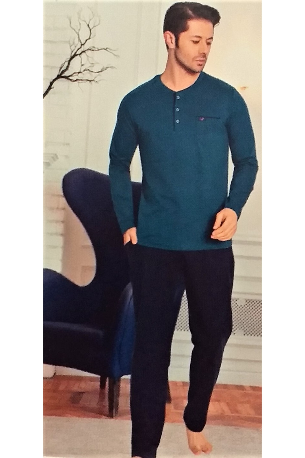 Uzun Kol Pamuklu Erkek Pijama Takımı Mevsimlik