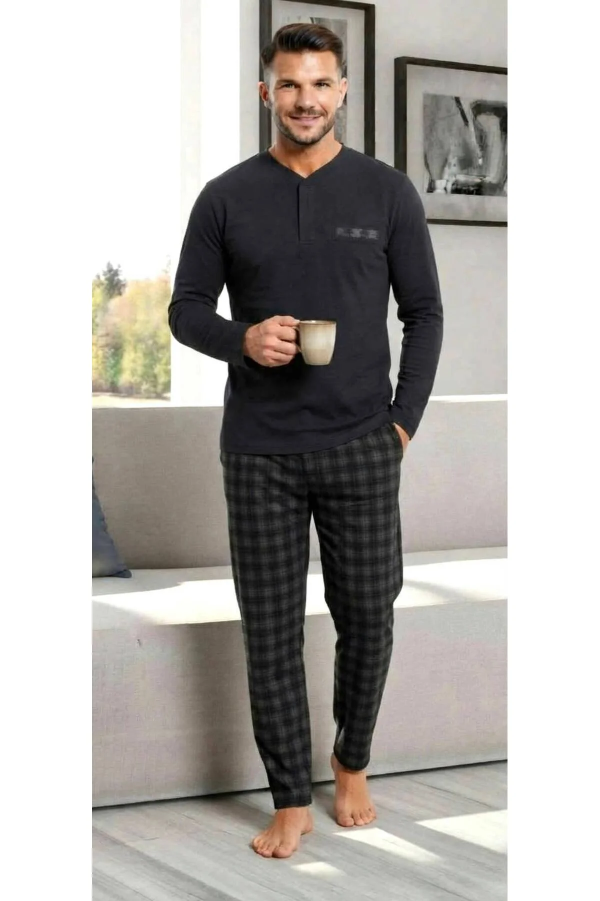 Uzun Kol Pamuklu İnterlok Erkek Pijama Takımı Siyah Uzun Kol Pamuklu İnterlok Erkek Pijama Takımı Siyah - Görsel 3
