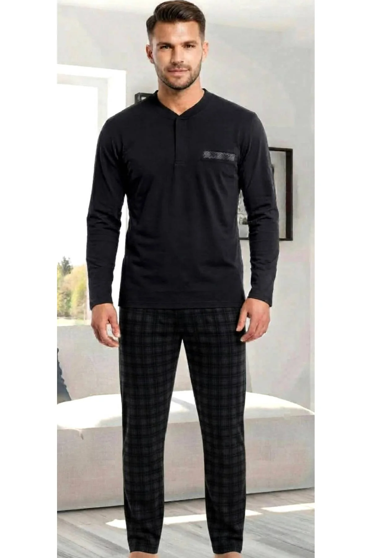 Uzun Kol Pamuklu İnterlok Erkek Pijama Takımı Siyah Uzun Kol Pamuklu İnterlok Erkek Pijama Takımı Siyah