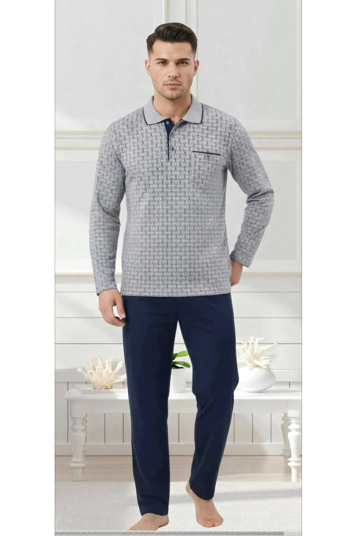Uzun Kol Pamuklu İnterlok Erkek Pijama Takımı - Görsel 2