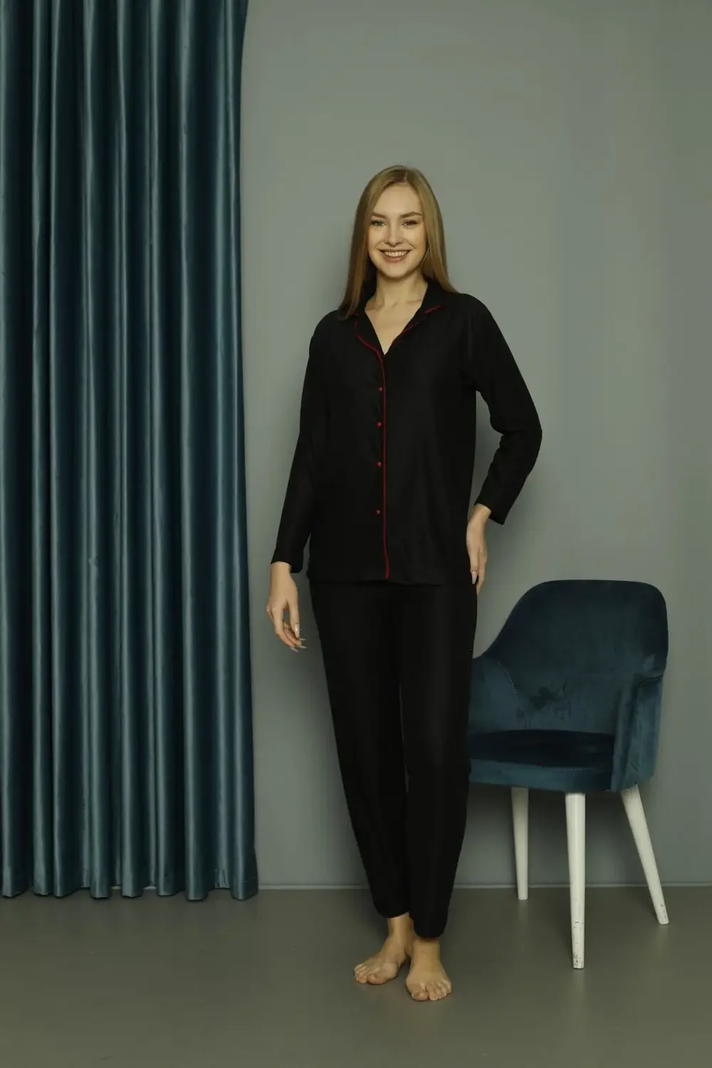 Uzun Kollu Altı Uzun Boydan Düğmeli Kadın Pijama Takımı ISILAY599