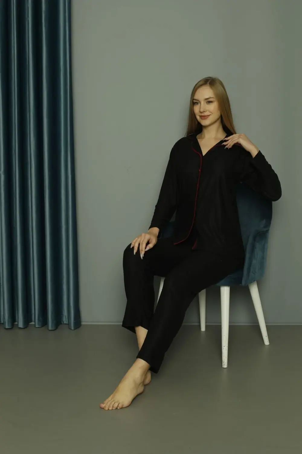Uzun Kollu Altı Uzun Boydan Düğmeli Kadın Pijama Takımı ISILAY599