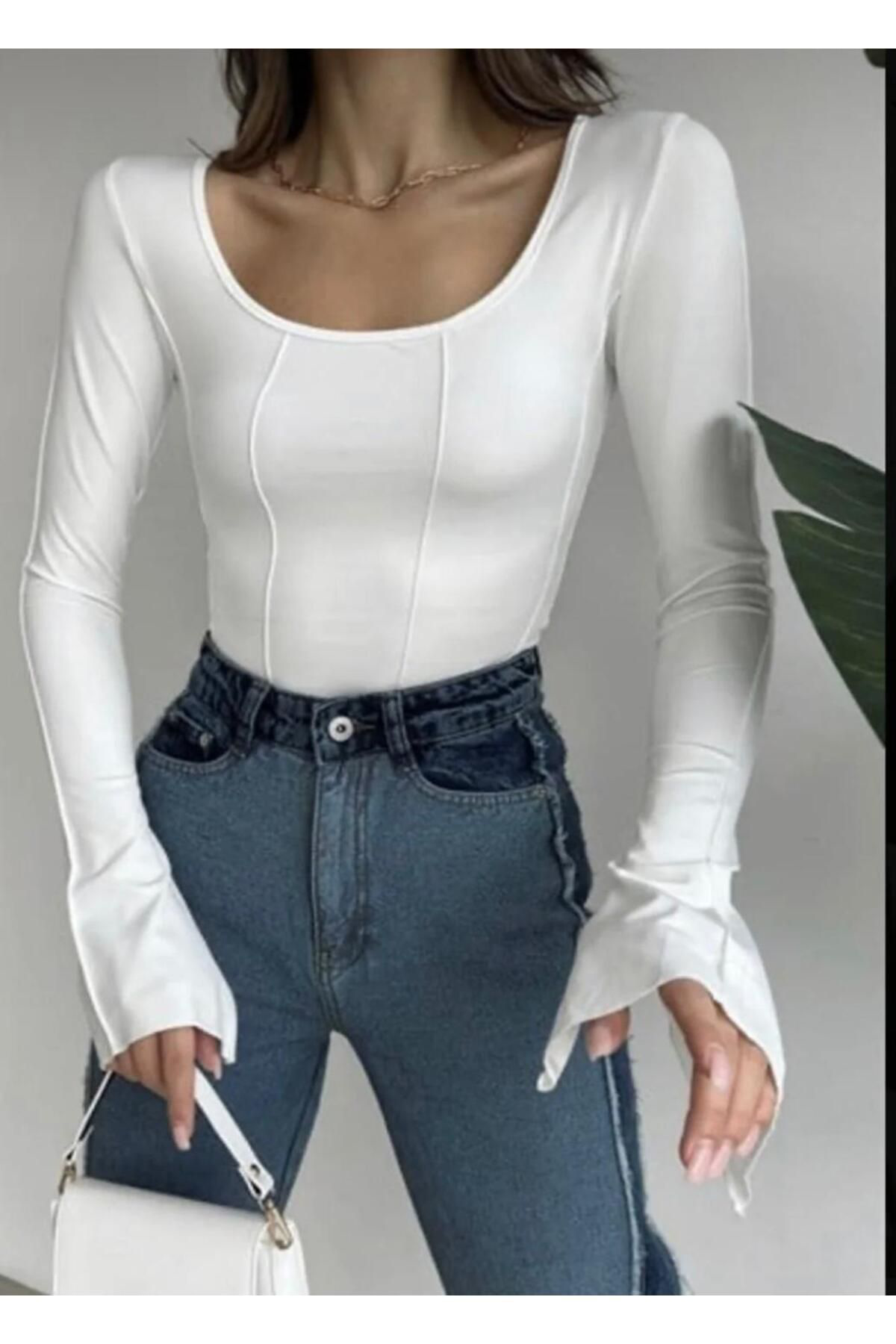 uzun kollu kare yaka kolu volanlı sırt dekolteli bluz