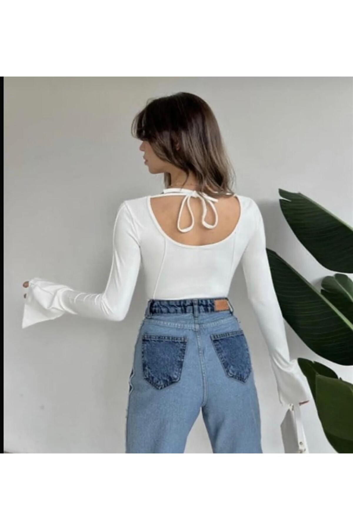 uzun kollu kare yaka kolu volanlı sırt dekolteli bluz