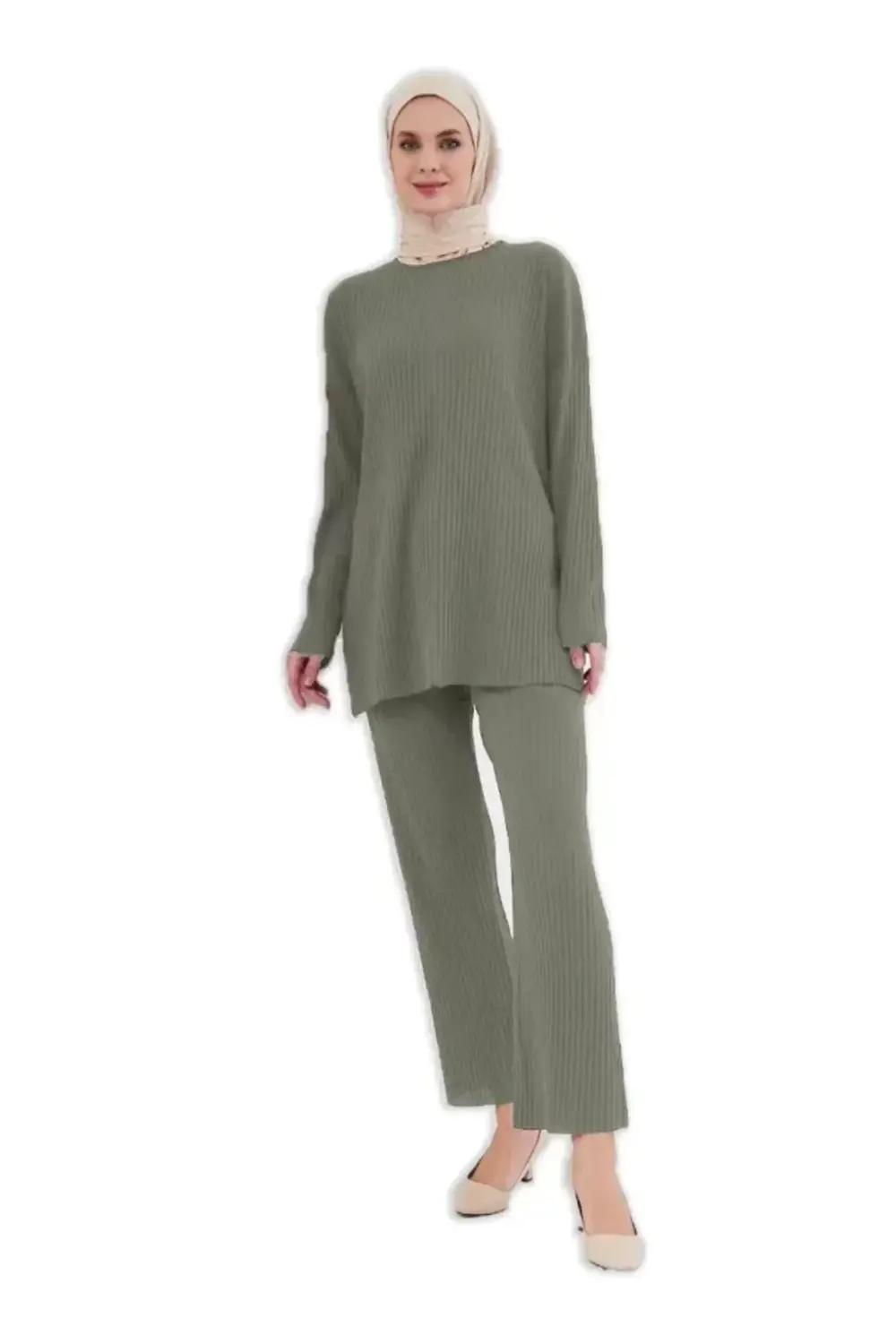 Uzun Kollu Organik Yıkanmış Kumaş Fitilli Pantalonlu Takım - Yeşi