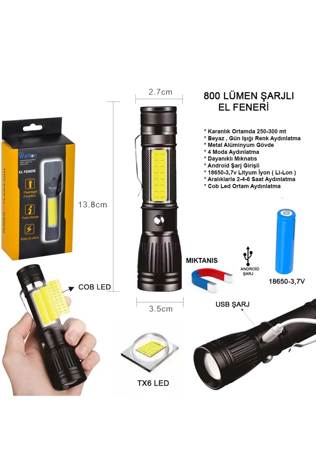 Uzun Menzilli EL Feneri Mıknatıslı Watton Wt-602 Siyah